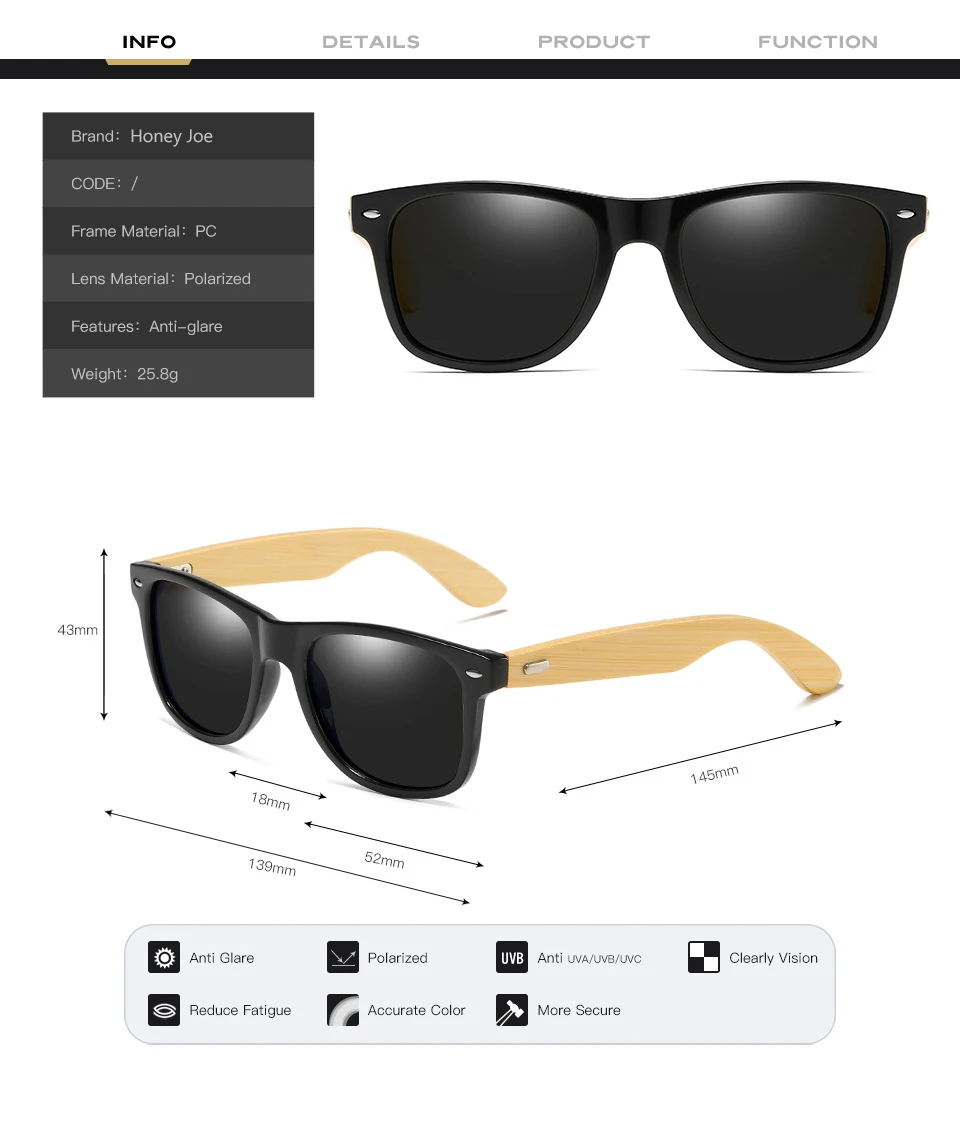 Новинка, деревянные Мужские поляризационные солнцезащитные очки для мужчин и женщин, квадратные солнцезащитные очки с бамбуковыми ножками, UV400, модные трендовые очки