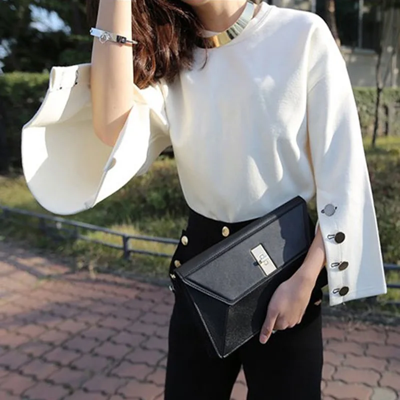 

Europe And America 2020 Spring New Style Fashion Solid Color Crew Neck Pullover T-shirt Versatile Slit Long-sleeved Upper