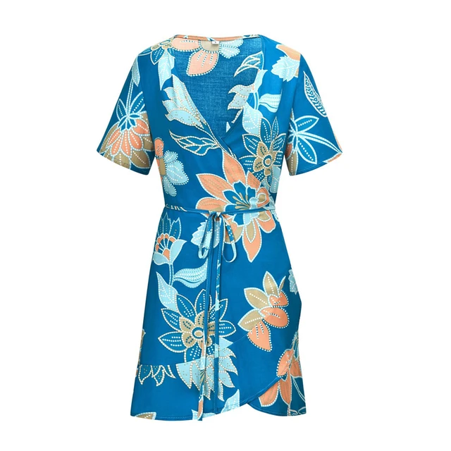 Floral Print Boho Dress Summer Short Sleeve Bohemian Casual Mini Beach Women Dress Tunic Cross V-neck Sashes Bandage Sexy Dress Dress Women's Women's Clothing