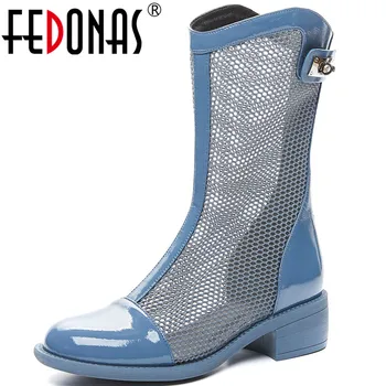 

FEDONAS Famale Patent Leather Back Zipper Summer Boots Popular Patchwork Thick Heels Pumps Fashion Party Night Club Shoes Woman