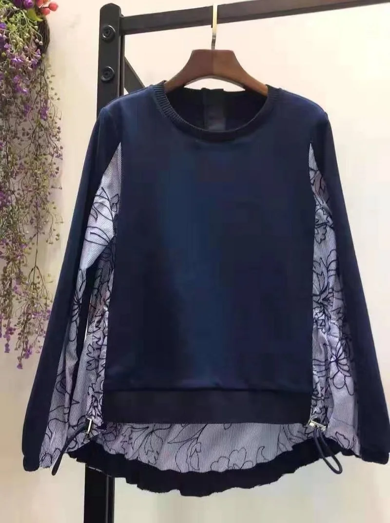 dark blue Высококачественные толстовки Осень Зима повседневные пуловеры женские полосатые Лоскутные толстовки с длинным рукавом серые темно-синие толстовки - Цвет: dark blue