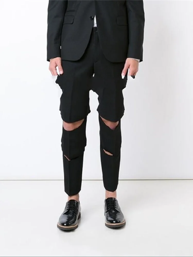 Spring and summer new men's fashion personality casual pants slim knee leg broken hole pants pure color youth pencil pants