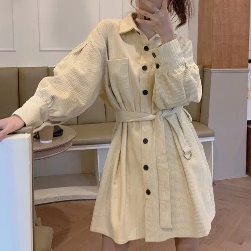 

2023 Fall Women Retro Green Solid Corduroy Thicken Shirt Korean Plus Size Sashes Stylish Office Lady High Waist Blouse Dresses