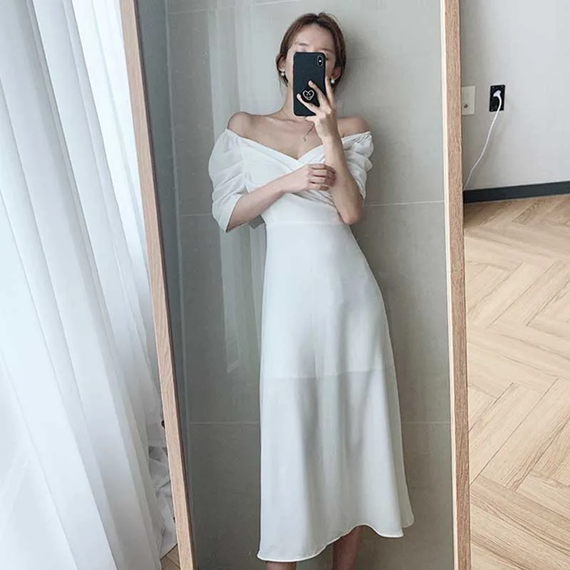 2020 One-Piece French Lady Dress Summer Elegant V-Neck Puff Sleeve Waist Chiffon Dress Women Party Holiday Dress Vestidos Female