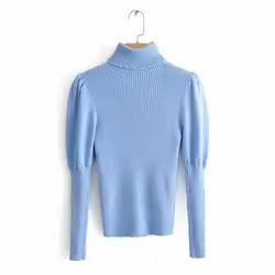2019 Женская модная водолазка с пышными рукавами, базовый вязаный свитер, Осенние однотонные повседневные приталенные пуловеры, шикарные