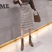 YiLin Kay Ретро клетчатая эластичная юбка с высокой талией, Корейская версия, тонкая юбка с разрезом, стрейчевая прямая юбка с поясом