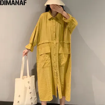 

DIMANAF Plus Size Women Shirts Dress Sundress Long Sleeve Button Lady Vestidos Cotton Casual Solid Dress Loose Oversize Clothing