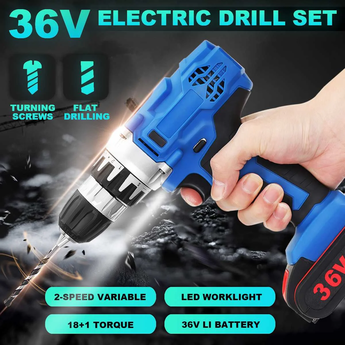 

36V 18+1 Torque Cordless Electric Impact Drill Li-ion Battery Screwdriver LED Working Light DIY Home Hand Flat Drill Power Tools