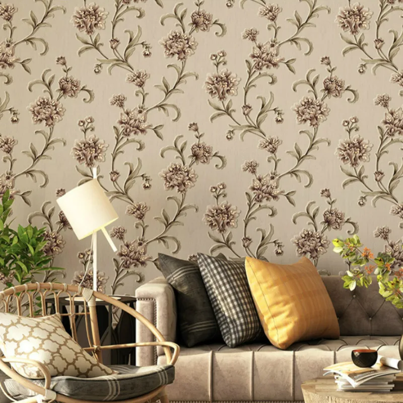 

Non-woven 3D Three-dimensional Embossed Wall Paper Retro Flower Luxury Peacock Blue Gray Gold Wallpaper Roll Living Room