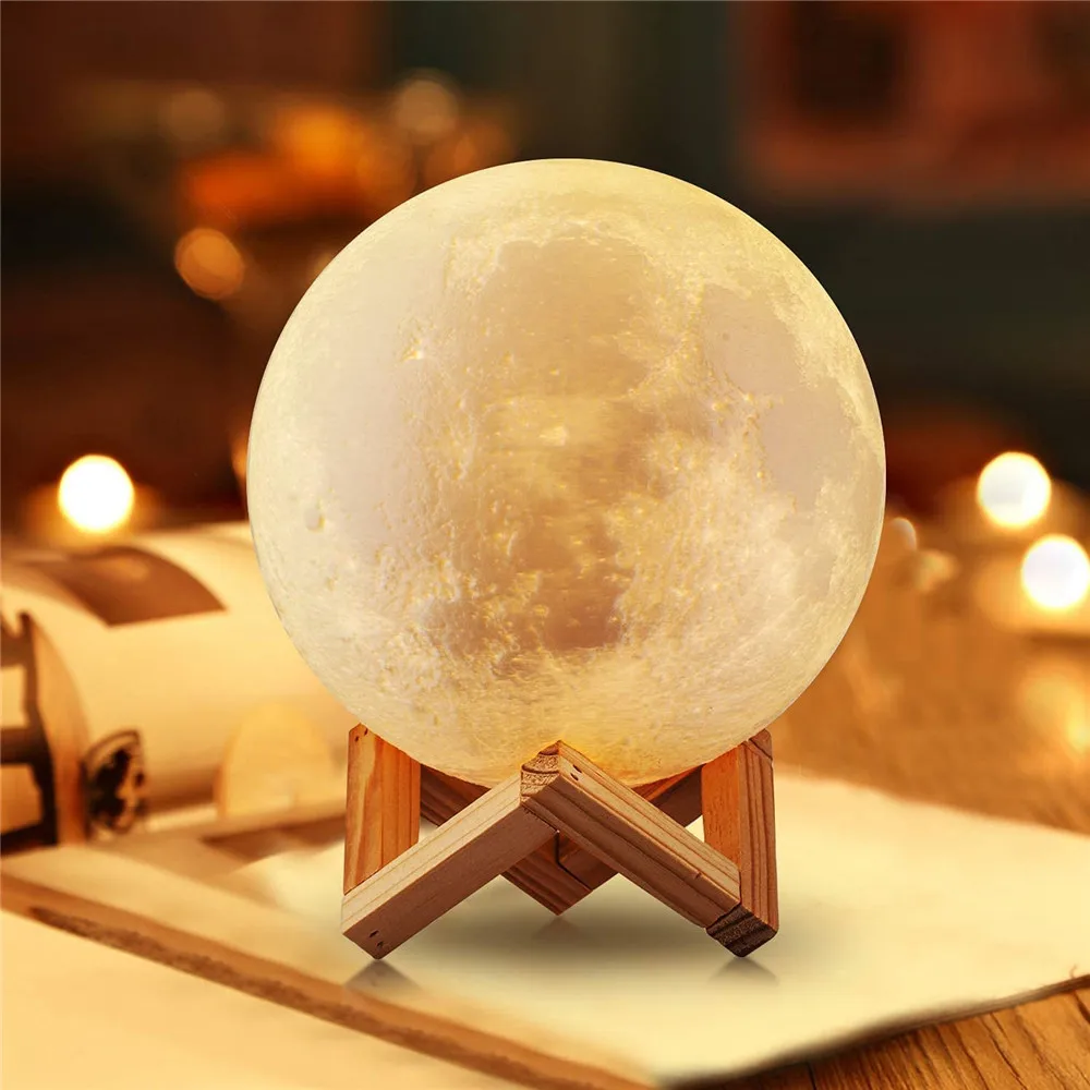 LED Night Light 3D Print Moon Lamp 14CM Battery Powered With Stand Starry Lamp 7 Color Bedroom Decor Night Lights Kids Gift childrens night lights Night Lights