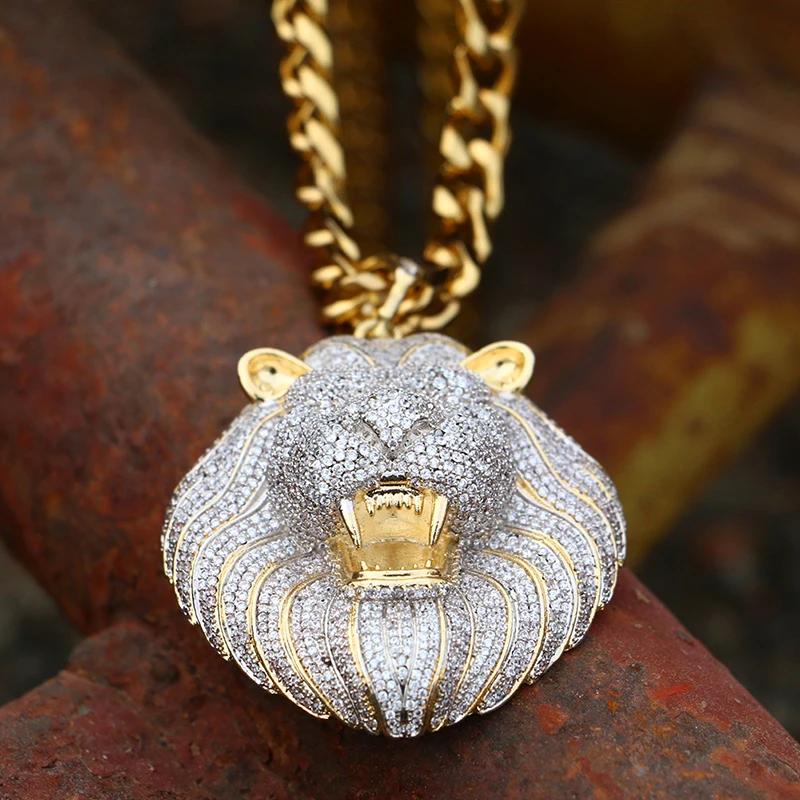 Iced Out Micro Pave Cubic Zircon Lion Head Pendant Necklace For