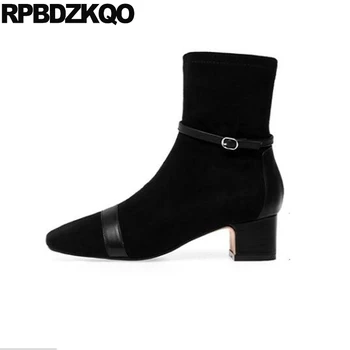 

winter big size chunky short shoes high heel women thick 10 2019 square toe side zip boots autumn block black brand ankle suede