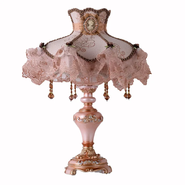 Pink Brown Настольная лампа принцессы, смоляная лампа, кружевная ткань для тела, абажур для детской спальни, Настольный светильник для девочек, прикроватная лампа E27, лампа для чтения D40 - Цвет абажура: Pink Brown