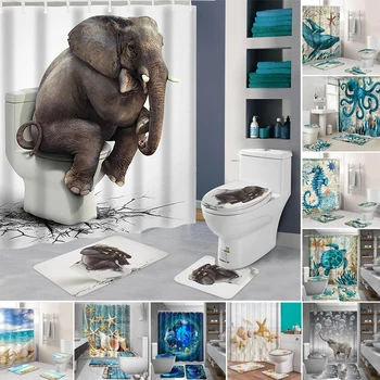 

3D Waterproof Curtains Bathroom Pedestal Rug Lid Toilet Cover Bath Mat Set Ocean Beach Shell Sea Turtle Elephant Shower Curtain