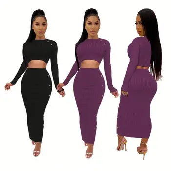 

Outfits for Women 2 Piece Set Sexy Dress Buttons Decorate Knitted Solid Crop Top Long Pencil Skirt Women Clothing Two Piece Set