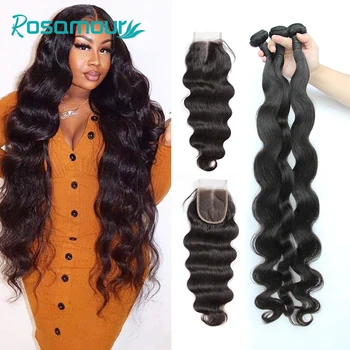 

Rosamour Brazilian Hair Weave Bundles With Closure 28 30 40 inch Human Hair Bundles With Frontal Closure Body Wave Virgin Hair