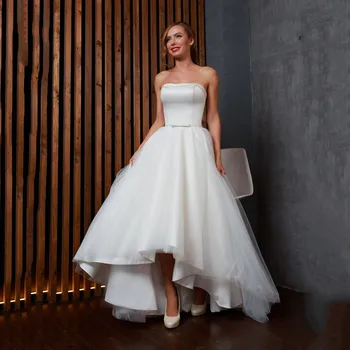 

Simple Elegant Custom Made Hi Low Strapless Wedding Dresses Vestido De Noiva A Line Lace Up Back Bridal Gowns