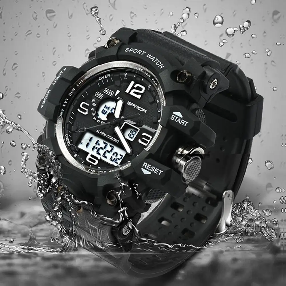 

Men Sports Dual Time Zones Alarm Calendar Chronograph Digital Analog Wrist Watch Mas-culino Fashion Men's Watch Large Dial Milit