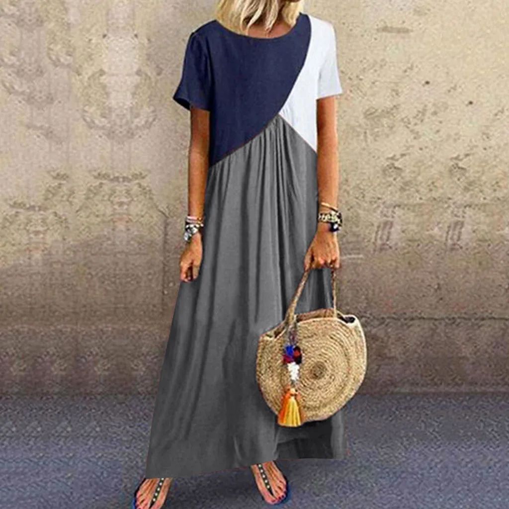 

Feitong Loose Womens Dresses Summer Casual Splicing Short Sleeve Patchwork Sundress Round Neck Loose Long Maxi Robe Longue Femme