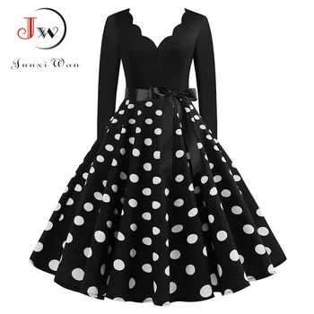 Vintage Women's Christmas Dress Long Sleeved Winter Swing Elegant Party Dress in Lace Casual Dress Black Print New Year 1