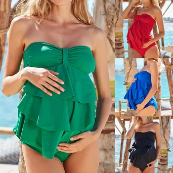 

New Arrival Pregnant Woman Ruffle Bathing Suit Push-Up Padded Jumpsuit Frilly Maternity Swimsuit Solid Color Swimwear Biquini