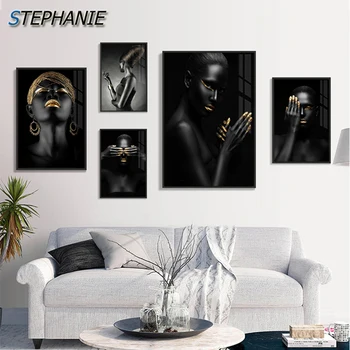 

Modern African Black and Gold Woman Poster Print Nude Girl Canvas Painting for Living Room Bedroom Sexy Gold Skin Women Wall Art
