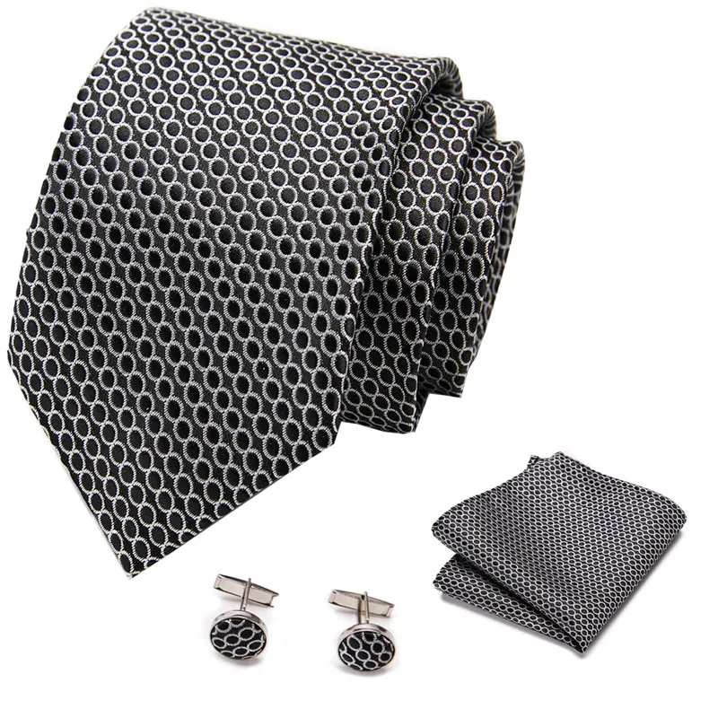 Mens Silk  Neckwear Casual Business 7.5cm Ties Hanky Cufflinks Sets Wedding Classic Solid Printed Ties Men suit accesories