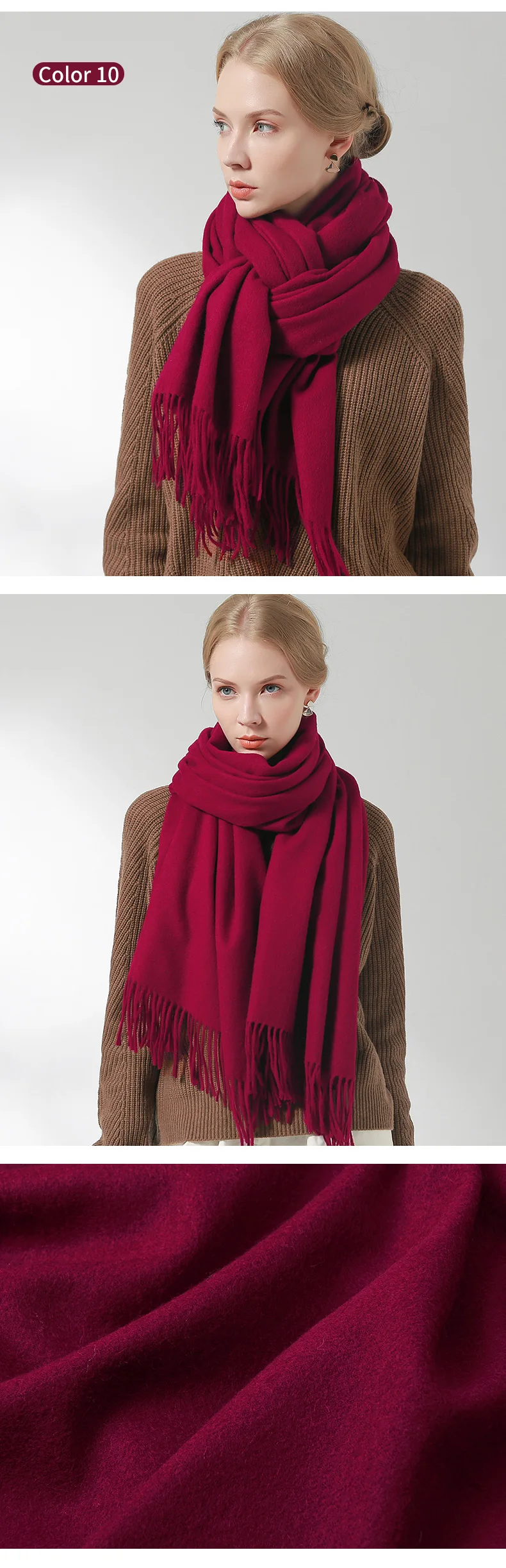 Коричневый шерстяное одеяло шарф для женщин осенние толстые теплые шерстяные шали и обертывания женские зимние большие бахромы овечья шерсть шарфы