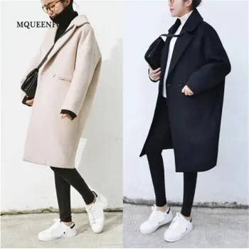 

2019 New Woolen Coat Medium-Long Pure Color Women's Woolen Coat Casual Loose Long-sleeved coat Female