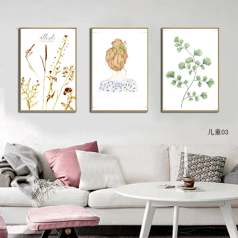 

Girl Leaves Color Decorative Living Room Home Canvas Children Wall Art Printing Poster Oil Painting Cartoon Plant Animation