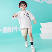 Детская Одежда для танцев, джазовые костюмы в стиле хип-хоп для девочек и мальчиков, белая футболка, короткие штаны, современная одежда для шоу, костюм для бальных танцев