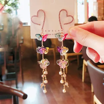 

MENGJIQIAO 2020 New Fashion Rhinestone Heart Long Tassel Dangle Earrings Elegant Colorful Acrylic Flower Boucle d'oreille Femme