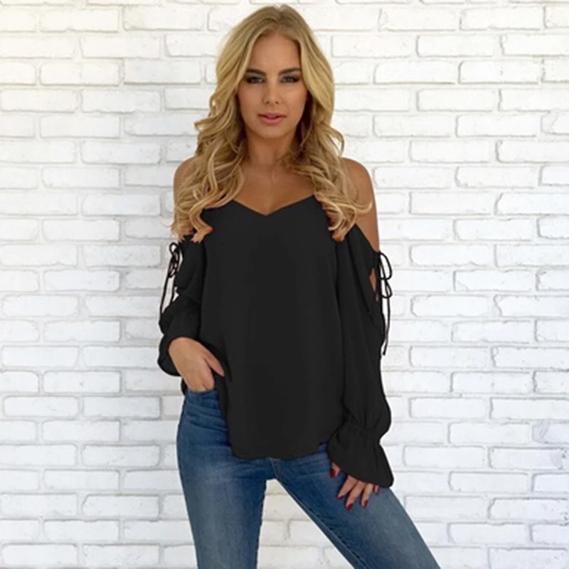 

Off The Shoulder Tops Sexy Women Clothes Solid Color Summer Chiffon Blouse Shoulder Straps Long Sleeve Shirt S-2XL Oversiz