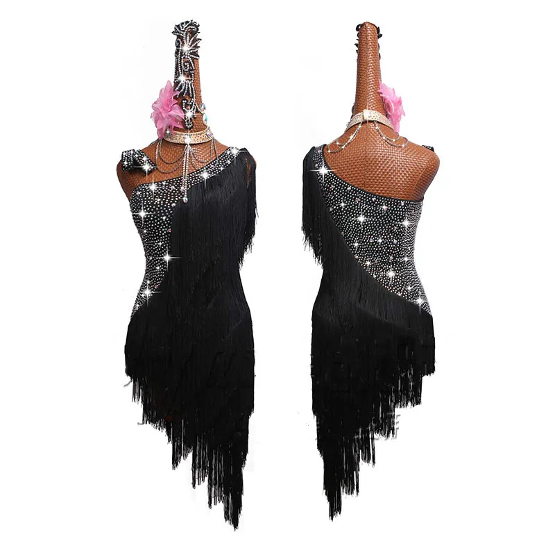 Black Three-piece Латинское бальное платье черная юбка с бахромой блестящая# LD048 - Цвет: Black Three-piece