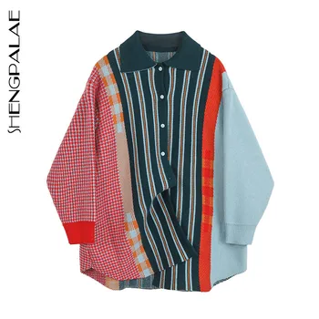 

SHENGPALAE Striped Sweater Women Japan Style Long-sleeved 2020 Autumn Splicing Striped Lazy Single-breasted Cardigan Coat ZT835