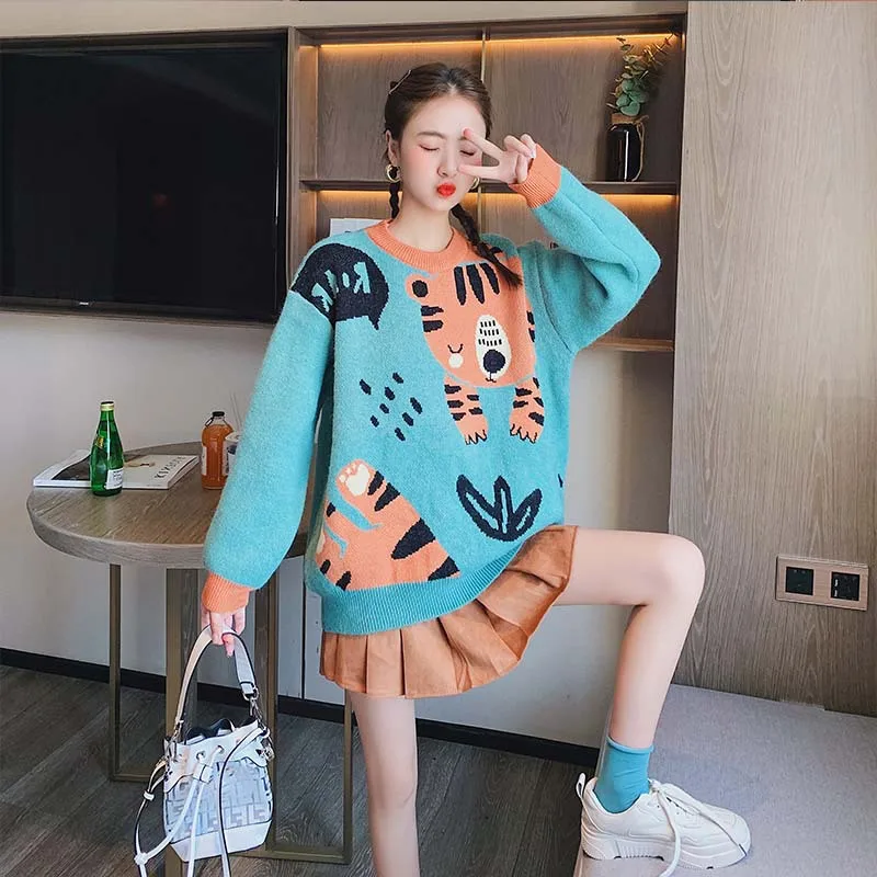 

Cartoon Jacquard Sweater Women's Pullover Fall Winter New 2023 Japanese Retro Loose Round Neck Knitted Top