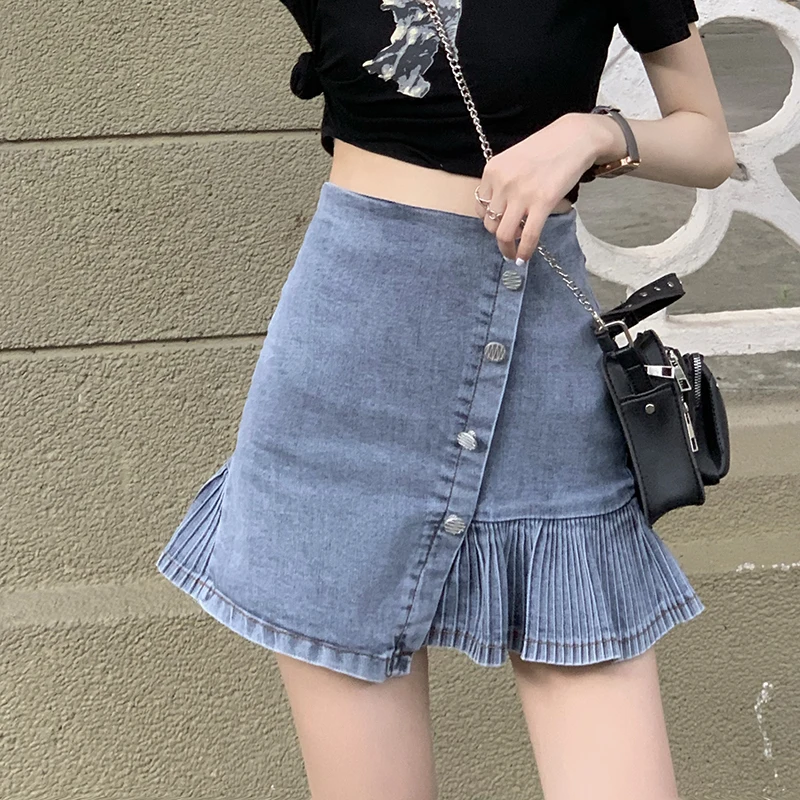 

Summer fashion personality high-waisted denim skirt with long legs and anti-glare lining pleated skirt with diagonal buckle S -L