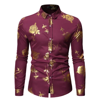 

KALENMOS Gold Rose Floral Print Shirts Men Muslim Hip Hop Punk Chemise Lapel Wedding Party Bronzing Camisa Masculina Africa Ropa
