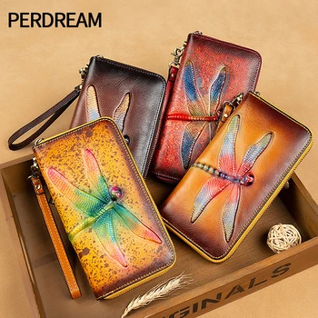 

European and American cowhide wallet women long zipper leather retro ladies wallet wallet hand-cleaning color clutch
