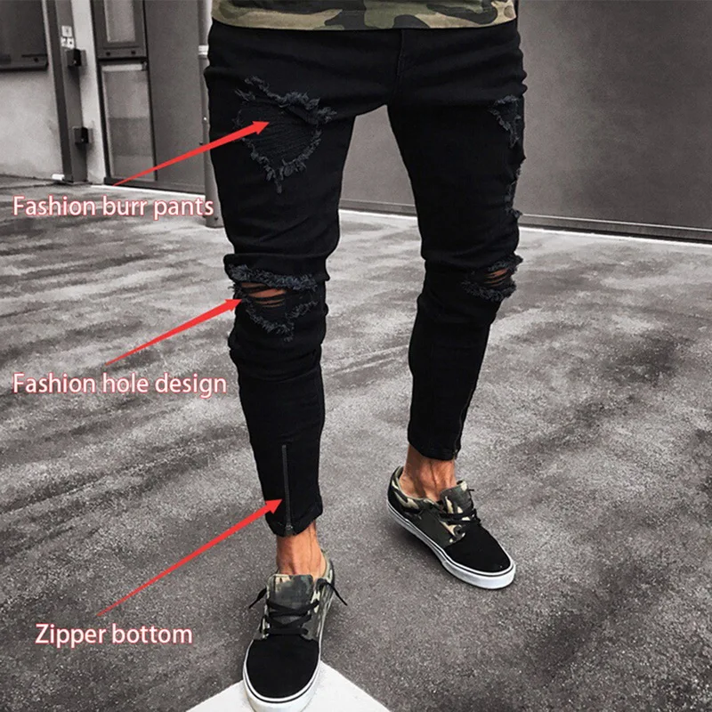 Seller New Mens Cool Designer Brand Black Jeans Skinny Destroyed Stretch Slim Fit Hop Hop Pants With Holes For Men High Quality Jean