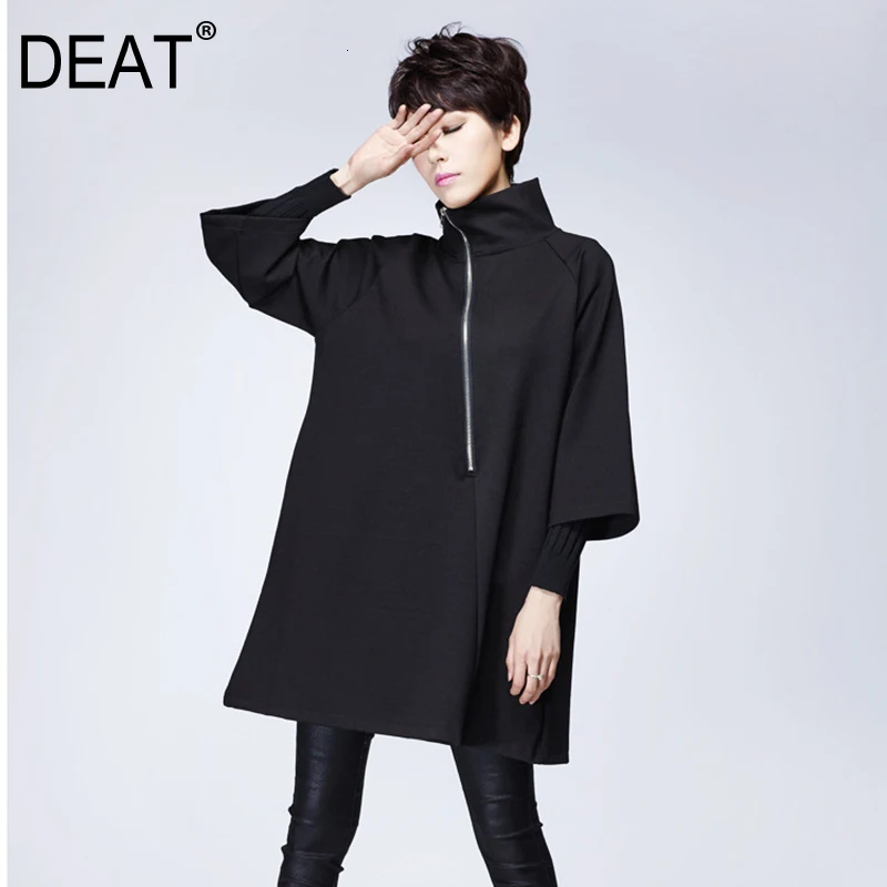 

[DEAT] 2019 New Spring High Collar Long Sleeve Balck Oblique Zipper Split Joint Loose Brief Dress Women Fashion Tide JK14