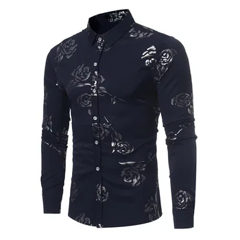 

Fashion Men's Long Sleeve Shirts Plus Size Rose Printed Casual Slim Fit Floral Dress Shirts Cotton Male Clothing Street Wear