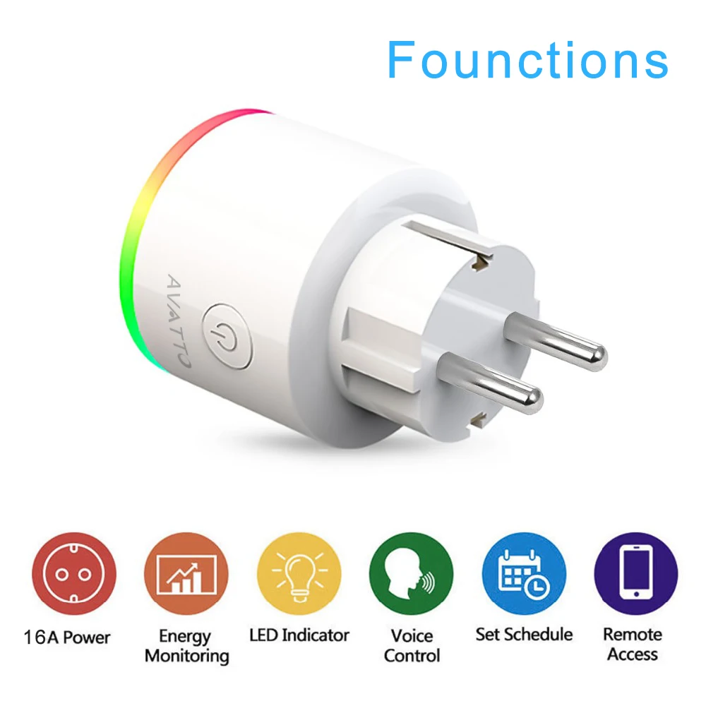 AVATTO смарт разъем Wi Fi розетка с Мощность монитор 16A ЕС RGB Tuya Smart Life выход совместим