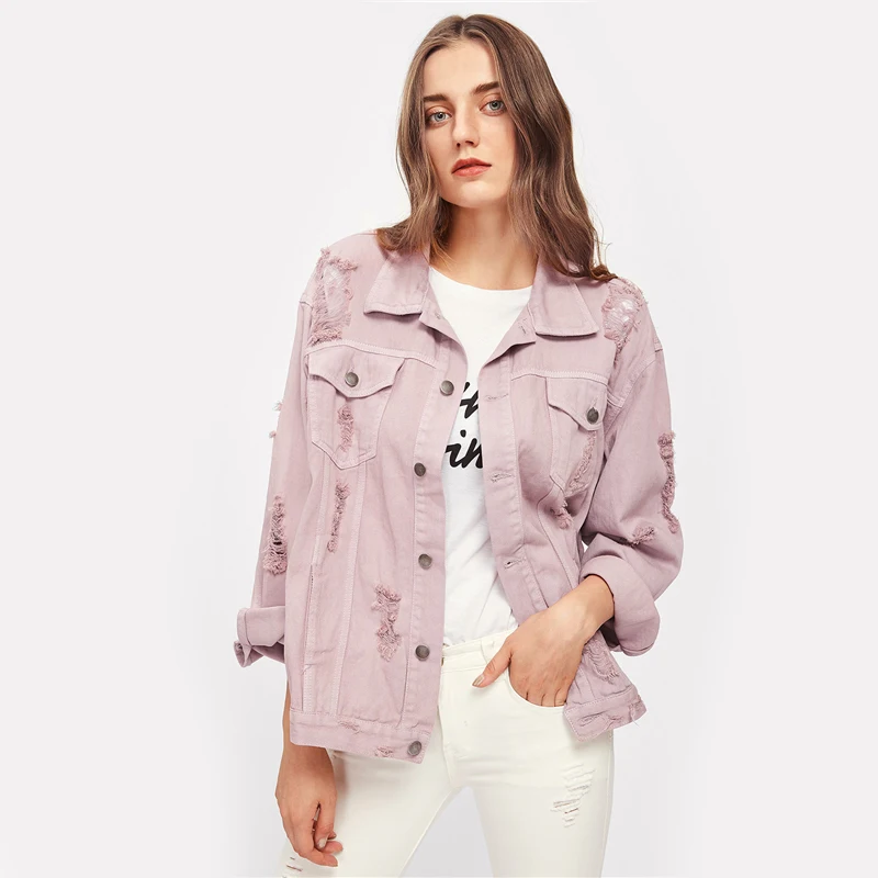 

Rips Detail Boyfriend Denim Jacket Autumn Womens Jackets and Coats Pink Lapel Single Breasted Casual Fall Jacket