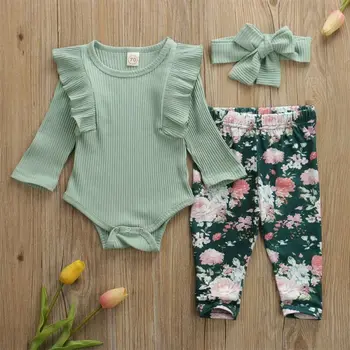 

pudcoco Summer Newborn Baby Girl Long Sleeve Floral Bodysuit Tops Pants Headband Outfit Clothes 3Pcs Set