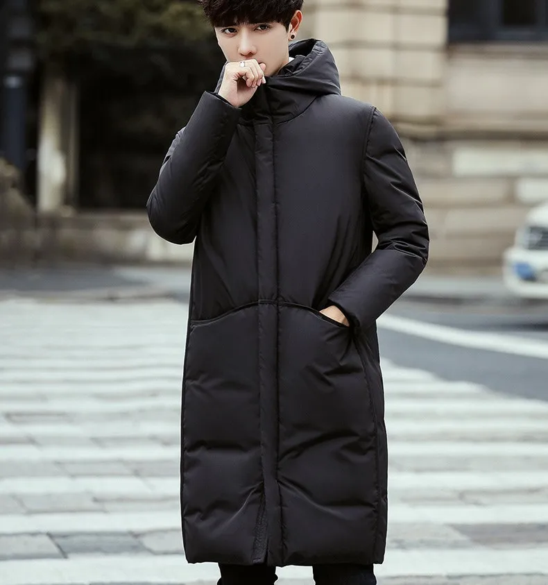 Black Gray Long Winter Down Jacket Men Thick Warm Hooded Loose Solid Outerwear Fashion Windproof Overcoat Mens Clothes YT50206
