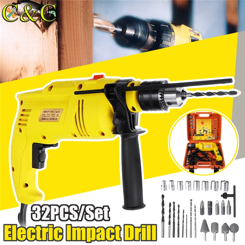 

220V 1980W Electric Corded Brushless Motor Electric Hammer Impact Drill 13mm Keyless 32Pcs Drills Bits Screwdriver Set