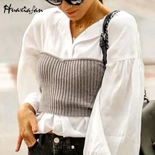 Huaxiafan, свитер, топ, серый, для женщин, уличная одежда, сексуальные, женские, Осенние Топы, свитера, одноцветные, без рукавов, короткие, модные, женские топы