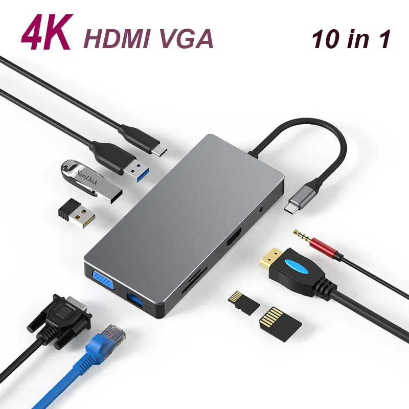 Мульти USB C концентратор USB 3,0 USB3.1 HDMI 4 K/SD/TF кард-ридер/PDcharging/VGA Аудио/RJ45 адаптер для MacBook Pro type c