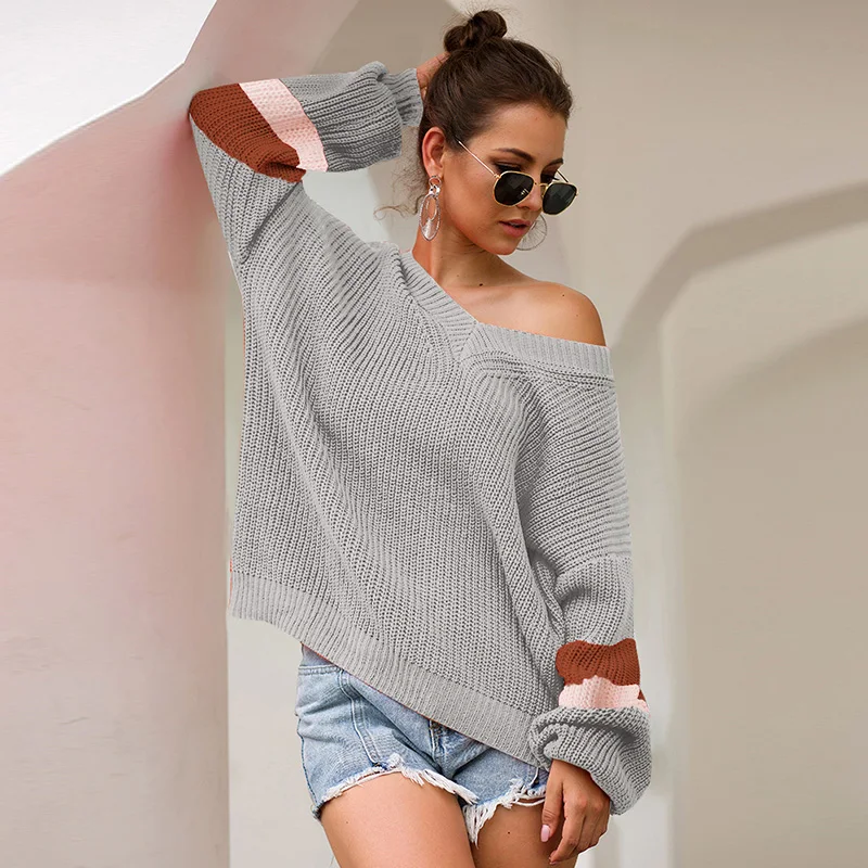

Women Sweater and Pullover Loose Knitted Tunic Splice Color Block Raglan Long Sleeve V Neck Knitting Top Basic Oversized Sweater